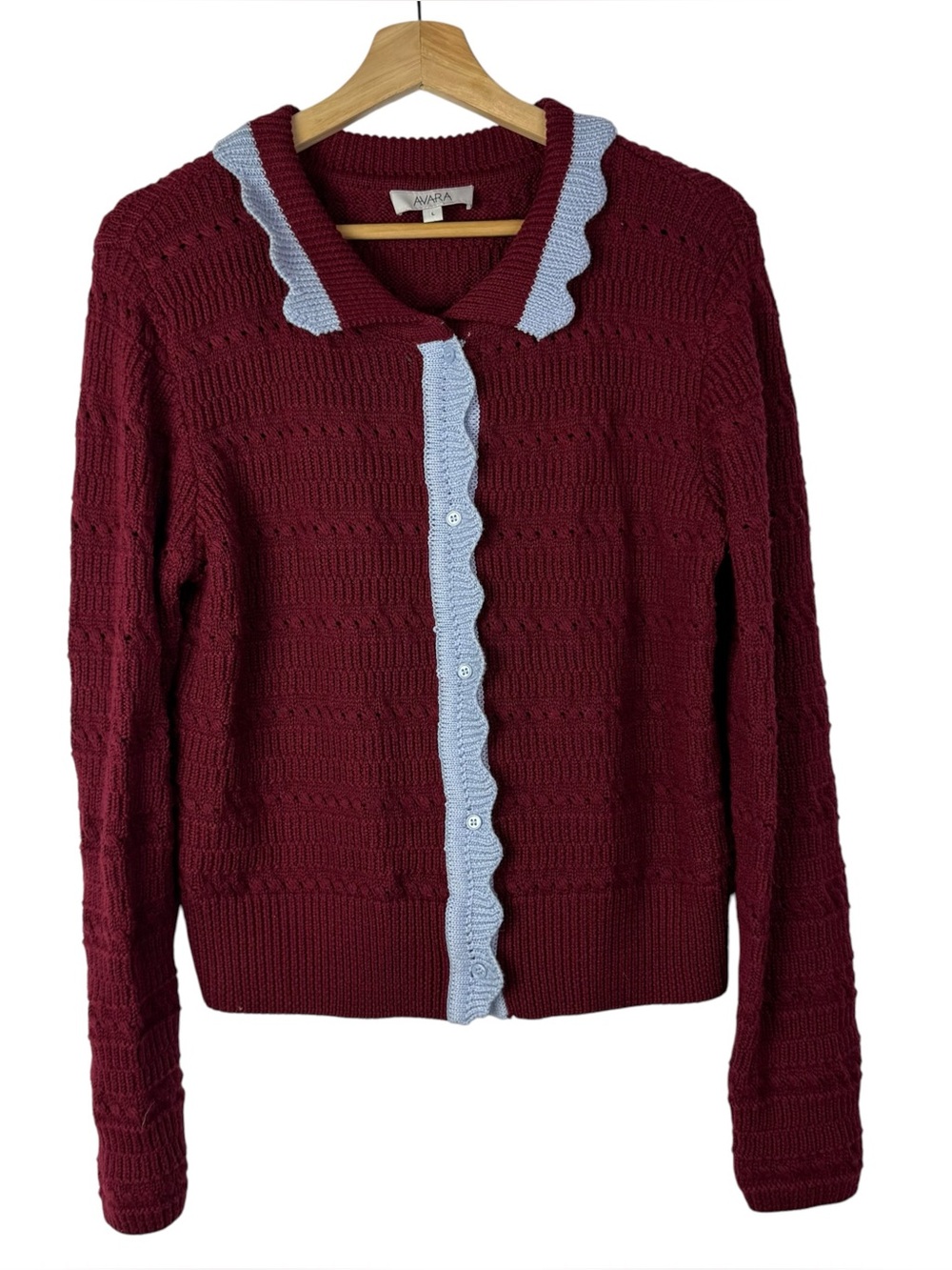 Avara Burgundy Red & Light Blue Scallop Trim Long Sleeve Cardigan Sweater L